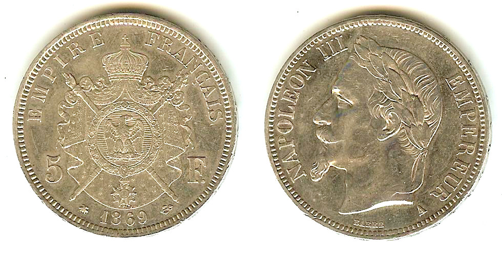 5 francs Napoléon III, tête laurée 1869 Paris SUP- à SUP